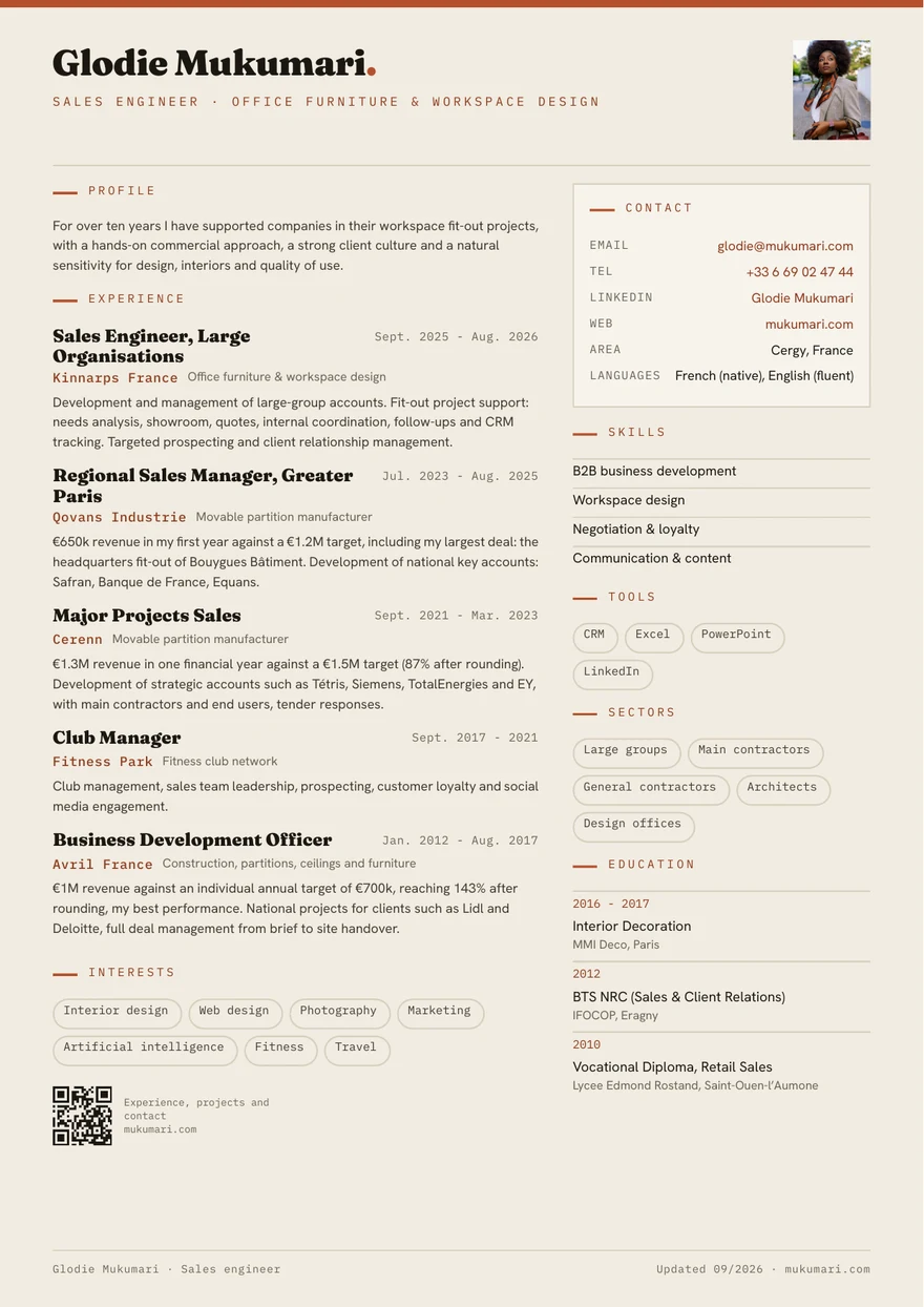First page of Glodie Mukumari’s CV: profile, the five roles from Kinnarps to Avril France, skills, sectors, education and contact details.