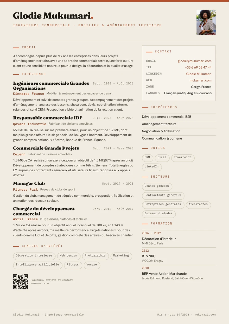 Première page du CV de Glodie Mukumari : profil, les cinq expériences de Kinnarps à Avril France, compétences, secteurs, formation et contact.